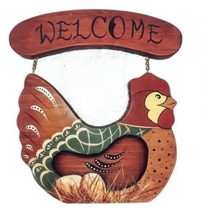 Vintage Hanging WELCOME Sign~Hen & Eggs~Wooden Handpainted Cottagecore Farmhouse